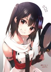 Rule 34 | 1girl, arm behind back, black hair, breasts, brown eyes, commentary request, dated, elbow gloves, fingerless gloves, gloves, grin, hair between eyes, hair ornament, hat, unworn hat, head tilt, unworn headwear, holding, holding clothes, holding hat, kantai collection, koruri, looking at viewer, medium breasts, necktie, peaked cap, scarf, school uniform, sendai (kancolle), sendai kai ni (kancolle), serafuku, sleeveless, smile, solo, teeth, twitter username, two side up, upper body, white scarf