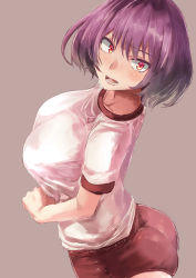 Rule 34 | 1girl, alternate costume, blush, breasts, cowboy shot, from side, grey background, gym uniform, highres, large breasts, looking at viewer, open mouth, purple hair, red eyes, red shorts, shirt, short hair, shorts, simple background, solo, standing, teeth, touhou, white shirt, yasaka kanako, yohane