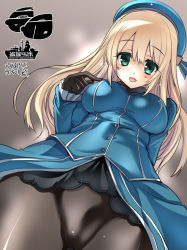 Rule 34 | 10s, 1girl, aqua eyes, atago (kancolle), bad id, bad pixiv id, beret, black gloves, blonde hair, blush, breasts, from below, gloves, groin, hat, impossible clothes, impossible shirt, kantai collection, large breasts, long hair, looking at viewer, open mouth, pantyhose, shirt, smile, solo, tokita monta