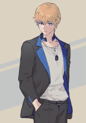 Rule 34 | 1boy, belt, belt buckle, black jacket, black pants, blonde hair, blue eyes, buckle, closed mouth, commentary request, dog tags, grey shirt, hair between eyes, hands in pockets, headphones, headphones around neck, jacket, lee: entropy (punishing: gray raven), lee (punishing: gray raven), long sleeves, looking at viewer, open clothes, open jacket, pants, punishing: gray raven, sachiko y, shirt, solo, yellow background
