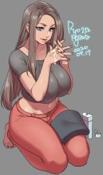 Rule 34 | 1girl, 2020, agawa ryou, artist name, barefoot, blue eyes, breasts, brown hair, commentary, dated, grey background, huge breasts, lipstick, long hair, looking at viewer, makeup, nail polish, original, seiza, signature, simple background, sitting, smile, solo, thick thighs, thighs