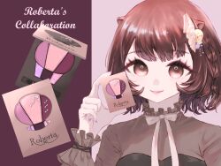 Rule 34 | 1girl, arknights, braid, brown eyes, brown hair, character name, eyeshadow, highres, lipstick, long sleeves, makeup, mitumi ci, pale skin, pink nails, roberta (arknights), shell hair ornament, smile, two-tone background, upper body