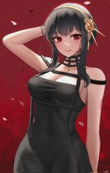 Rule 34 | 1girl, black dress, black hair, blood, blood on face, breasts, closed mouth, dress, earrings, hair ornament, hairband, highres, jewelry, looking at viewer, medium breasts, red background, red eyes, rianya07, solo, spy x family, yellow hairband, yor briar
