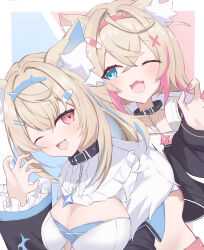 Rule 34 | 2girls, :3, :d, absurdres, animal ears, aonagi hisame, belt collar, black collar, black jacket, blonde hair, blue eyes, collar, cropped jacket, cropped shirt, dog ears, dog girl, dress, fangs, fur-trimmed jacket, fur trim, fuwawa abyssgard, fuwawa abyssgard (1st costume), hair ornament, hairpin, highres, hololive, hololive english, jacket, looking at viewer, mococo abyssgard, mococo abyssgard (1st costume), multicolored hair, multiple girls, one eye closed, open mouth, pink eyes, pink hair, short shorts, shorts, siblings, sisters, skin fangs, smile, spiked collar, spikes, streaked hair, twins, virtual youtuber, white dress, x hair ornament