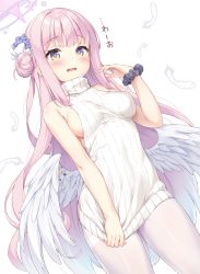 Rule 34 | 1girl, angel wings, bare arms, bare shoulders, blue archive, blue hair, blunt bangs, blush, breasts, commentary, feathers, gradient hair, hair bun, hair ornament, halo, highres, long hair, looking at viewer, low wings, medium breasts, mika (blue archive), multicolored hair, one-piece swimsuit, open mouth, paid reward available, pantyhose, pink hair, purple eyes, ribbed sweater, scrunchie, sideboob, simple background, single side bun, sleeveless, sleeveless sweater, sleeveless turtleneck, solo, sweater, swimsuit, thighband pantyhose, thighs, turtleneck, turtleneck sweater, very long hair, white background, white one-piece swimsuit, white sweater, wings, wrist scrunchie, yamasan