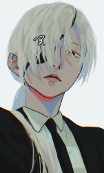 Rule 34 | 1girl, black necktie, black suit, chainsaw man, collared shirt, eyepatch, formal, glitch, hair over one eye, highres, jacket, lapels, long hair, looking at viewer, necktie, notched lapels, one eye covered, ponytail, quanxi (chainsaw man), shirt, simple background, solo, standing, suit, suit jacket, ufufuahaha okg, white background, white hair, white shirt