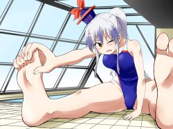 Rule 34 | 1girl, alternate hairstyle, barefoot, blush, brown eyes, competition swimsuit, feet, foreshortening, hands on feet, hat, indoors, kamishirasawa keine, kousei (public planet), long hair, one-piece swimsuit, one eye closed, open mouth, ponytail, pool, rei no pool, silver hair, sitting, soles, solo, stretching, swimsuit, tile floor, tiles, toes, touhou, very long hair