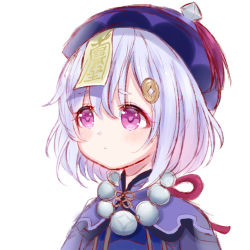 Rule 34 | + +, 1girl, bead necklace, beads, blush, closed mouth, coin hair ornament, dress, frown, genshin impact, hair between eyes, hair ornament, hat, jewelry, jiangshi, mianpoi, necklace, purple dress, purple eyes, purple hair, qingdai guanmao, qiqi (genshin impact), simple background, solo, upper body, white background