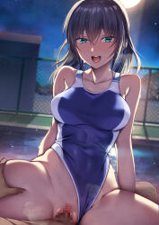 Rule 34 | 1boy, 1girl, bare arms, bare shoulders, black hair, blue eyes, blue one-piece swimsuit, blush, censored, clothing aside, collarbone, commentary request, competition swimsuit, hetero, highres, looking at viewer, medium hair, mosaic censoring, one-piece swimsuit, open mouth, original, outdoors, pov, sex, smile, solo focus, spread legs, swimsuit, swimsuit aside, tsuki tokage, vaginal