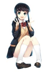 Rule 34 | 1girl, :d, black hair, blazer, blue eyes, bow, bowtie, cardigan, character request, double v, flat chest, full body, jacket, kneehighs, loafers, open mouth, pigeon-toed, school uniform, shoes, sidelocks, simple background, sitting, skirt, smile, socks, solo, split ponytail, v, weee (raemz), white background, white socks
