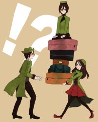 Rule 34 | !?, 1girl, 2boys, alternate costume, beret, brother and sister, brown eyes, brown hair, carrying, chenqunpero, guan xing, guan yinping, hat, jacket, long hair, luggage, multiple boys, open mouth, pantyhose, shin sangoku musou, shin sangoku musou 7, siblings, skirt, smile, zhang bao
