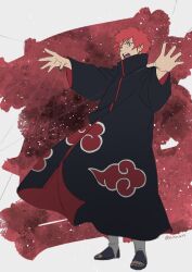 Rule 34 | 1boy, akatsuki uniform, full body, green nails, highres, japanese clothes, looking to the side, male focus, naruto (series), naruto shippuuden, open mouth, outstretched arms, pinoko (pnk623), puppet strings, red hair, sandals, sasori (naruto), simple background, solo, standing, teeth, thumb ring, toes, upper teeth only, wind