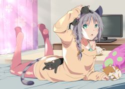 Rule 34 | 1girl, :o, animal, animal ears, animal print, bad id, bad pixiv id, bare shoulders, bra, cat, cat ears, cat girl, cat tail, closed eyes, curtains, fang, fish print, floral print, green bra, green eyes, headpat, indoors, kaeru (ka=l), long hair, long sleeves, looking up, lying, off shoulder, on bed, on stomach, original, red thighhighs, silver hair, sleeping, solo, sweater, table, tail, teapot, television, thighhighs, underwear, whiskers, yawning, zettai ryouiki