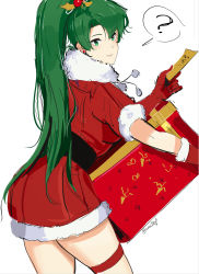 Rule 34 | 1girl, ?, absurdres, alternate costume, asymmetrical bangs, box, earrings, fire emblem, fire emblem: the blazing blade, fire emblem heroes, fur-trimmed collar, fur-trimmed sleeves, fur trim, gloves, green eyes, highres, jewelry, long hair, lyn (fire emblem), nintendo, ormille, red gloves, santa costume, sketch, solo, spoken question mark, thighs, twitter username, white background