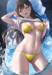 Rule 34 | 1girl, :d, bikini, blue sky, breasts, brown hair, clothes lift, cowboy shot, day, floating hair, highres, large breasts, lifted by self, long hair, looking at viewer, mhru, navel, open mouth, original, outdoors, shirt, shirt lift, short sleeves, sky, smile, solo, standing, stomach, string bikini, swimsuit, wading, water, white shirt, yellow bikini, yellow eyes