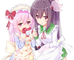 Rule 34 | 2girls, :o, absurdres, animal ears, apron, azur lane, blue shirt, blush, bow, box, brown apron, brown hair, cat ears, cherry print, commentary request, covered mouth, crossover, food print, frilled apron, frills, gift, gift box, green sailor collar, green skirt, hair between eyes, hair bow, hair ornament, heart-shaped box, highres, historical name connection, holding, holding gift, kantai collection, kappougi, kisaragi (azur lane), kisaragi (kancolle), long hair, long sleeves, multiple girls, name connection, nekoyanagi (azelsynn), parted lips, pink eyes, pink hair, pleated skirt, print apron, purple eyes, red bow, sailor collar, school uniform, serafuku, shirt, simple background, skirt, valentine, very long hair, white apron, white background, white sailor collar