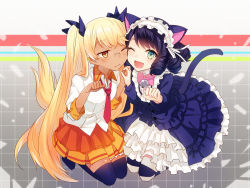 Rule 34 | 10s, 2girls, :d, ;d, animal ears, bad id, bad pixiv id, bell, black hair, black legwear, blonde hair, blush, bow, cat ears, cat tail, cheek-to-cheek, cyan (show by rock!!), dog tail, dress, drill hair, fang, full body, glasses, green eyes, hair ribbon, hairband, heads together, holding hands, lolita fashion, lolita hairband, long hair, loose necktie, multiple girls, necktie, one eye closed, open mouth, orange eyes, paw pose, pink bow, pleated skirt, red necktie, retoree (show by rock!!), ribbon, rimless eyewear, seiza, shiobana, shirt, show by rock!!, sitting, skirt, smile, striped clothes, striped legwear, striped thighhighs, swept bangs, tail, thighhighs, twintails, very long hair, wing collar, zettai ryouiki