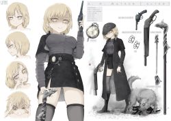 Rule 34 | 1girl, alternate costume, alternate eye color, artist name, bad id, bad twitter id, black coat, black headwear, black skirt, black thighhighs, blonde hair, brass knuckles, breasts, bubba (watson amelia), cane, cane sword, cat, character profile, character sheet, coat, commentary, concealed weapon, dark persona, dog, english commentary, english text, gun, handgun, hat, highres, hololive, hololive english, holomyth, lever action, long sleeves, medium breasts, pocket watch, revolver, shaded face, shark, short hair, simple background, skirt, sword cane, thighhighs, trench coat, trigger discipline, unmi714, virtual youtuber, watch, watson amelia, weapon, webley revolver, wellington (watson amelia), white background, winchester model 1887, yellow eyes, zettai ryouiki