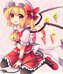 Rule 34 | 1girl, absurdres, ascot, black pantyhose, blonde hair, bow, commentary request, crystal, eyebrows, flandre scarlet, full body, hair bow, hat, highres, laevatein (tail), looking at viewer, mob cap, on ground, orange eyes, pantyhose, pink background, puffy short sleeves, puffy sleeves, red footwear, red skirt, red vest, ruhika, shadow, shoes, short sleeves, side ponytail, simple background, sitting, skirt, solo, tail, touhou, vest, wariza, white bow, white hat, wings, wrist cuffs, ||/