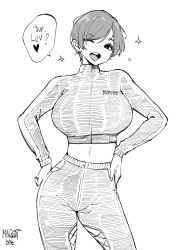 Rule 34 | 1girl, artist name, black hair, breasts, contrapposto, cowboy shot, crop top, english text, german text, greyscale, hands on own hips, highres, huge breasts, long sleeves, looking at viewer, midriff, monochrome, norman maggot, olive laurentia, one eye closed, open mouth, original, pants, pixie cut, short hair, simple background, sketch, smile, solo, speech bubble, sportswear, swept bangs, turtleneck, white background