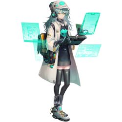 Rule 34 | 1girl, antonina (neural cloud), aqua hair, backpack, bag, baseball cap, black dress, black thighhighs, bone print, breasts, circuit board, dress, full body, game cg, girls&#039; frontline, girls&#039; frontline neural cloud, gloves, hair between eyes, hat, headphones, highres, holographic interface, jacket, long hair, mask, mask around neck, messy hair, official art, respirator, shoes, skull print, small breasts, sneakers, solo, thighhighs, transparent background, white hat, white jacket, yellow eyes, zettai ryouiki