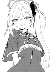 Rule 34 | 1girl, arms behind back, beijuu, blue archive, blush, buttons, double-breasted, greyscale, grin, hair between eyes, halo, high-waist skirt, highres, jacket, long hair, looking at viewer, monochrome, mutsuki (blue archive), neck ribbon, ribbon, short sleeves, side ponytail, simple background, skirt, smile, solo, white background, wide sleeves
