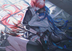 Rule 34 | 2girls, arknights, bandaged head, bandages, bare legs, bird girl, bird tail, black coat, black gloves, black shorts, blood, blood on face, blue hair, coat, crying, feet out of frame, fiammetta (arknights), frills, gloves, halo, highres, injury, long hair, long sleeves, luren max, lying, mostima (arknights), multiple girls, on bed, on side, open clothes, open coat, parted lips, red hair, shirt, short hair, short shorts, shorts, signature, sitting, tail, tears, tray, unworn coat, very long hair, white shirt, window shadow