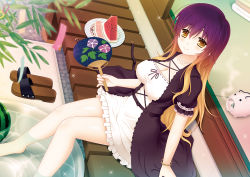 Rule 34 | 1girl, bamboo, blonde hair, breasts, cleavage, cpu (hexivision), dress, hand fan, food, fruit, gradient hair, highres, hijiri byakuren, incense, jewelry, large breasts, long hair, mosquito coil, multicolored hair, necklace, paper fan, purple hair, sitting, smile, soaking feet, solo, tanabata, tanzaku, touhou, uchiwa, water, watermelon, yellow eyes