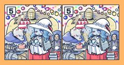 Rule 34 | ;), blaidd the half-wolf, blue hair, blush, blush visible through clothes, book, book stack, cake, cake slice, chair, cloak, cup, dress, elden ring, extra arms, extra faces, food, fur cloak, furry, furry male, hat, highres, holding, holding cup, holding plate, holding teapot, mug, omochi anko3, one eye closed, plate, preceptor seluvis, ranni the witch, sitting, smile, spot the differences, strawberry shortcake, teapot, twitter username, war counselor iji, white dress, witch hat
