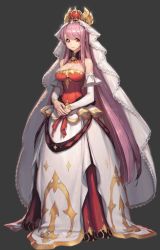 Rule 34 | 1girl, breasts, bustier, cleavage, copyright request, crown, detached collar, detached sleeves, dress, han-0v0, large breasts, long hair, pink hair, red eyes, smile, solo, standing, strapless, strapless dress, very long hair