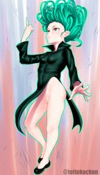 Rule 34 | 1girl, absurdres, black sleeves, blush, breasts, cleft of venus, closed mouth, curly hair, female focus, full body, green eyes, green hair, highres, long sleeves, no panties, one-punch man, pussy, shoes, small breasts, solo, tatsumaki, vokatron, watermark