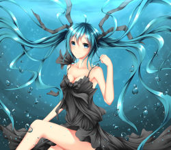 Rule 34 | 1girl, aqua hair, bare shoulders, black dress, black ribbon, blue eyes, breasts, closed mouth, collarbone, dress, female focus, gradient background, hair ribbon, hatsune miku, highres, long hair, looking at viewer, ribbon, shinkai shoujo (vocaloid), smile, solo, twintails, underwater, vocaloid, water, wsman