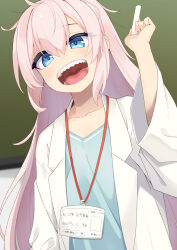 Rule 34 | 1girl, :d, blue eyes, blue shirt, borrowed character, chalk, chalkboard, character request, grey hair, hair between eyes, hand up, highres, holding, lab coat, lanyard, long sleeves, looking at viewer, ogami kazuki, open clothes, open mouth, original, sharp teeth, shirt, smile, solo, teeth, upper body