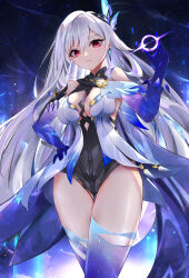 Rule 34 | 1girl, absurdres, bare shoulders, breasts, commentary request, cowboy shot, earrings, elphe, genshin impact, grey hair, hair ornament, hand on own hip, hand up, highres, jewelry, large breasts, leotard, long hair, looking at viewer, red eyes, skirk (genshin impact), solo, standing, thighhighs, thighs, very long hair