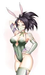 Rule 34 | 1girl, absurdres, akali, alternate costume, animal ears, area 52, arm behind head, arm tattoo, black hair, breasts, choker, covered navel, cowboy shot, fake animal ears, green thighhighs, groin, hand on own hip, highres, league of legends, leotard, mask, medium breasts, mouth mask, mouth veil, parted lips, playboy bunny, ponytail, rabbit ears, rabbit tail, red eyes, ribbon choker, shoulder tattoo, solo, tail, tattoo, thighhighs, thighs, veil