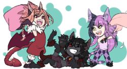Rule 34 | &gt;:d, 3girls, :d, ;d, animal ears, animal hands, artist request, bat wings, black hair, black sclera, black skin, cat ears, cat tail, cheshire cat (monster girl encyclopedia), chibi, claws, colored sclera, colored skin, dog ears, dress, ear piercing, fangs, fur, grin, hellhound (monster girl encyclopedia), highres, long hair, manticore (monster girl encyclopedia), monster girl, monster girl encyclopedia, monster girl encyclopedia ii, multicolored hair, multiple girls, one eye closed, open mouth, orange hair, piercing, pillow, pillow fight, pink eyes, purple hair, red eyes, short hair, shorts, simple background, smile, source request, striped, striped tail, tail, two-tone hair, v-shaped eyebrows, wings, yellow eyes