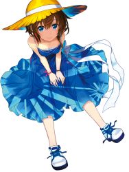 Rule 34 | 1girl, absurdres, amagai tarou, blue dress, blue eyes, bow, breasts, brown hair, collarbone, dress, flag print, from above, hair between eyes, hat, hat ribbon, highres, japanese flag, looking at viewer, looking up, medium breasts, original, ribbon, shoes, short hair, simple background, sitting, sleeveless, sleeveless dress, smile, sneakers, solo, sun hat, transparent background, unmoving pattern, white background, white bow, white footwear, white ribbon, yellow hat