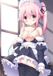 Rule 34 | 1girl, alternate costume, apron, black pantyhose, blush, breasts, censored, dress, hair between eyes, hair ornament, harusame (kancolle), heart, heart censor, highres, kantai collection, long hair, long sleeves, looking at viewer, maid, maid headdress, medium breasts, no bra, open mouth, pantyhose, pink eyes, pink hair, satsuki yukimi, side ponytail, solo, window