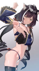 Rule 34 | 1girl, animal ear fluff, animal ears, arm up, armpits, bare shoulders, black hair, black thighhighs, bow, bow panties, bra, breasts, cat ears, cat girl, cat tail, choker, cowboy shot, detached sleeves, frilled sleeves, frills, frown, gradient background, green eyes, highres, karyl (princess connect!), long hair, low twintails, multicolored hair, navel, panties, presenting armpit, princess connect!, skindentation, small breasts, solo, spread armpit, streaked hair, subachi, tail, tail bow, tail ornament, thigh strap, thighhighs, twintails, two-tone hair, underwear, white hair