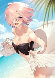 Rule 34 | 1girl, bare shoulders, beach, bikini, blue sky, blush, breasts, cleavage, collarbone, day, fate/grand order, fate (series), hair over one eye, highres, large breasts, light purple hair, looking at viewer, mash kyrielight, ocean, open mouth, purple eyes, shore, short hair, sino42, sky, smile, strapless, strapless bikini, swimsuit, thighs