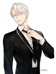 Rule 34 | 1boy, artist name, black suit, blue eyes, dress shirt, formal, gearous, looking at viewer, loose necktie, male focus, necktie, parted lips, shirt, silver hair, solo, suit, vest, viktor nikiforov, white background, yuri!!! on ice