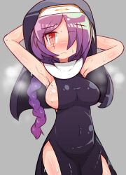Rule 34 | 1girl, absurdres, armpits, arms up, black dress, bleuzer, blush, braid, breasts, commission, covered navel, dress, grey background, hair over one eye, highres, large breasts, looking at viewer, nun, original, purple hair, red eyes, scar, shiny skin, sideboob, sleeveless, steam, steaming body, sweat, thigh gap, upper body