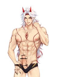 Rule 34 | 1boy, abs, absurdres, arataki itto, bar censor, black nails, bracelet, censored, genshin impact, highres, horns, jewelry, male focus, medium hair, muscular, muscular male, nail polish, navel, nipples, oni, oni horns, pale skin, pants, penis, red eyes, red horns, rourouki, simple background, smile, spiked bracelet, spikes, sweat, sweatdrop, swimsuit, tattoo, testicles, toned, toned male, water drop, white background, white hair