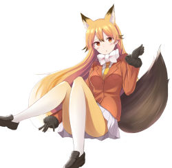 Rule 34 | 10s, 1girl, animal ears, black gloves, blazer, blonde hair, blush, brown eyes, brown hair, ezo red fox (kemono friends), fox ears, fox tail, fur-trimmed sleeves, fur trim, gloves, gradient clothes, gradient hair, gradient legwear, hair between eyes, hair flaps, highres, jacket, kemono friends, long hair, long sleeves, looking at viewer, multicolored clothes, multicolored hair, multicolored legwear, nagiha kuten, pantyhose, parted lips, pleated skirt, simple background, sitting, skirt, solo, streaked hair, tail, thighs, two-tone hair, very long hair, white background, white skirt