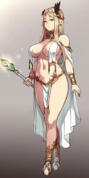 Rule 34 | 1girl, blonde hair, bracelet, breast curtains, breasts, brooch, elf, full body, green eyes, highres, houtengeki, houtengeki&#039;s elf girl, jewelry, large breasts, loincloth, looking at viewer, navel, original, pelvic curtain, pointy ears, revealing clothes, serious, shoes, simple background, solo, staff, standing, thick thighs, thighs
