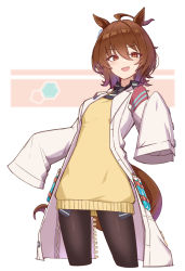 Rule 34 | 1girl, agnes tachyon (umamusume), ahoge, animal ears, azu ankoowl, black pantyhose, breasts, brown hair, coat, cropped legs, earrings, highres, horse ears, horse girl, horse tail, jewelry, lab coat, looking at viewer, medium hair, necktie, open clothes, open coat, open mouth, orange hair, pantyhose, short necktie, single earring, sleeves past fingers, sleeves past wrists, small breasts, smile, solo, sweater, tail, test tube, umamusume, yellow sweater
