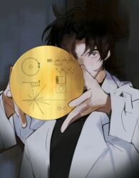 Rule 34 | 1boy, black eyes, black hair, black shirt, coat, commentary request, curtained hair, grey background, hands up, highres, holding, holding record, korean commentary, lab coat, lapels, long sleeves, looking at viewer, male focus, medium hair, one eye covered, original, salcham, shadow, shirt, solo, upper body, vignetting, voyager golden record, white coat