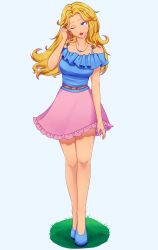 Rule 34 | 1girl, absurdres, adjusting hair, bare legs, bare shoulders, belt, blonde hair, blue camisole, blue eyes, blue footwear, breasts, brown belt, camisole, chuurylen, collarbone, full body, grass, haley (stardew valley), highres, jewelry, legs, lips, long hair, long legs, medium breasts, necklace, parted lips, pink skirt, red lips, skirt, solo, spaghetti strap, standing, stardew valley, twitter username