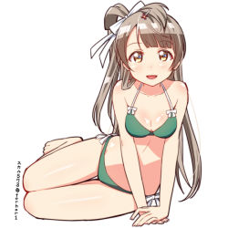 Rule 34 | 10s, 1girl, :d, arm support, artist name, barefoot, bikini, blush, bow, breasts, brown eyes, brown hair, cleavage, full body, green bikini, grey hair, hair bow, hair ornament, hair ribbon, hairpin, halterneck, long hair, looking at viewer, love live!, love live! school idol project, minami kotori, one side up, open mouth, own hands together, ribbon, simple background, sitting, skull573, smile, solo, swimsuit, topknot, twitter username, white background, yokozuwari