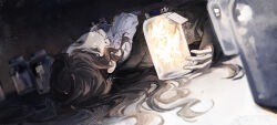 Rule 34 | 1girl, absurdres, blurry, blurry background, blurry foreground, braces, brown coat, brown eyes, brown hair, coat, curly hair, dark background, depth of field, dutch angle, fairy, glowing, hand up, highres, jar, long hair, looking at viewer, lying, on back, on ground, reverse:1999, sanmuyun, shirt, solo, tooth fairy (reverse:1999), upper body, weibo logo, weibo watermark, white shirt